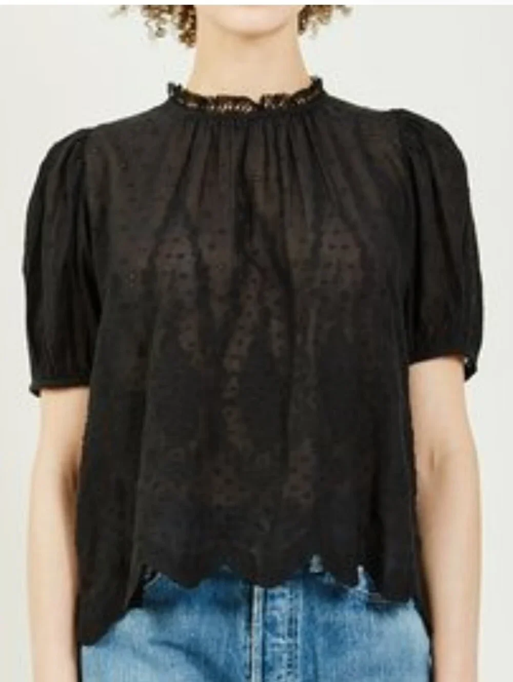 Ulla Johnson Black Sheer Swiss Dot Ruffle Neck Blouse